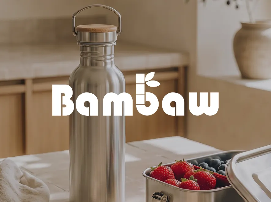 Bambaw logo over a stainless steel bottle and lunch box