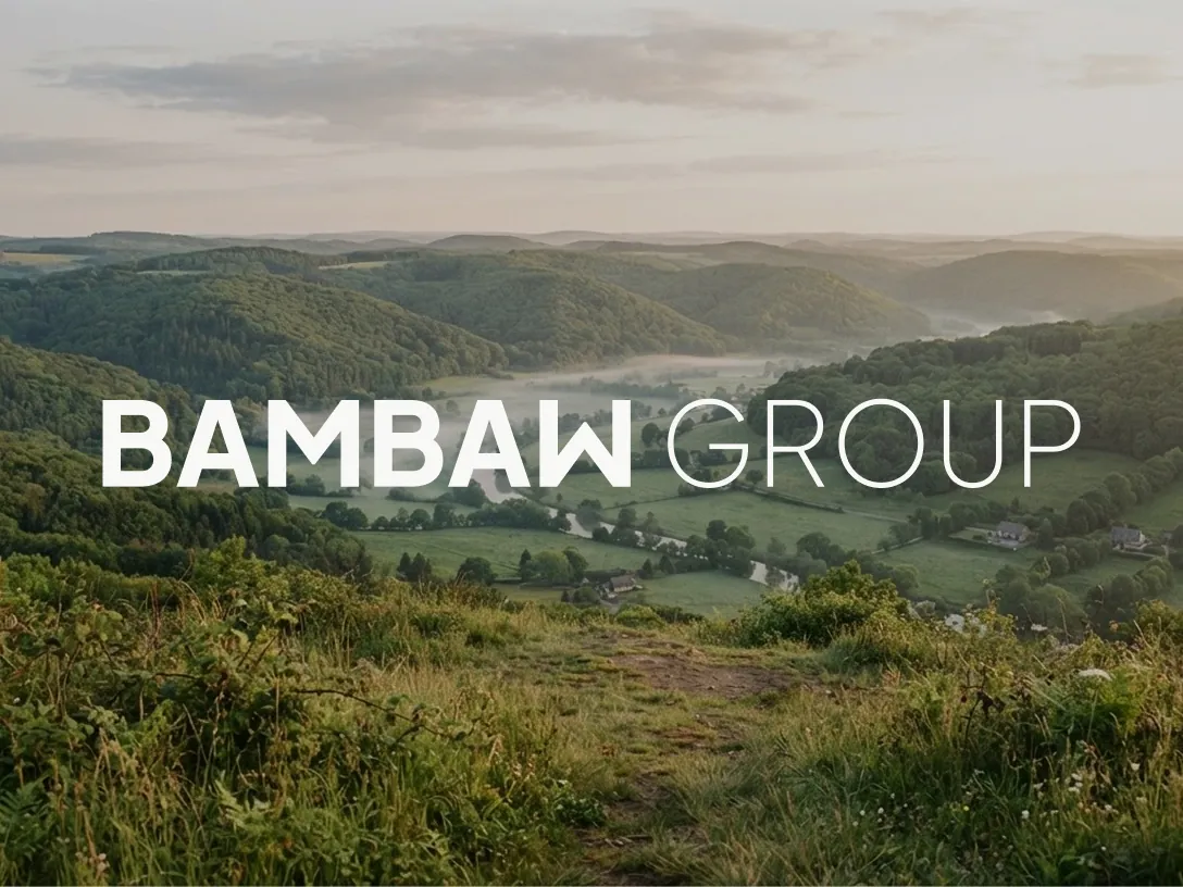 Bambaw Group wordmark over a green valley