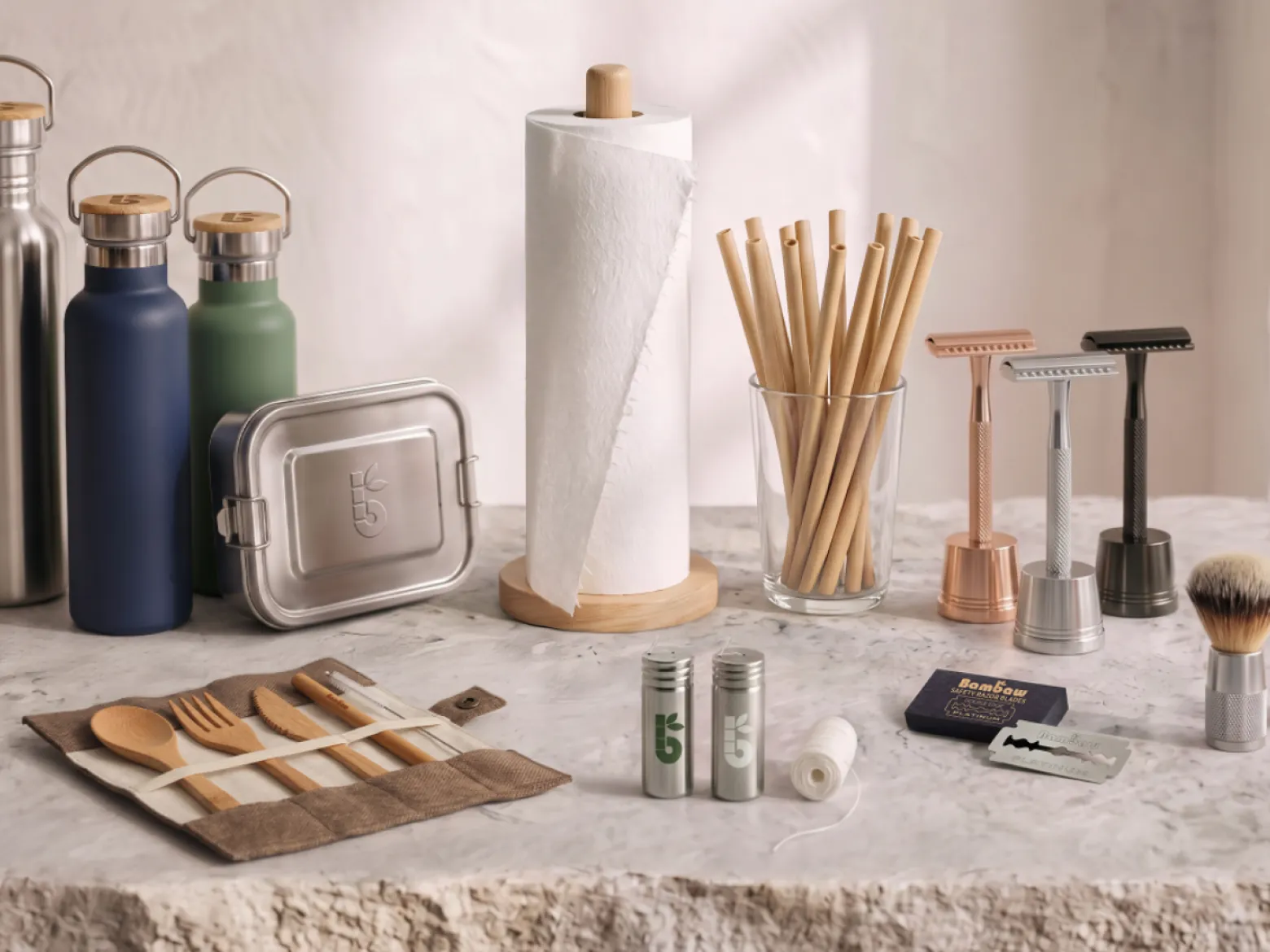 Bambaw reusable bottles, lunch box, bamboo straws and safety razors