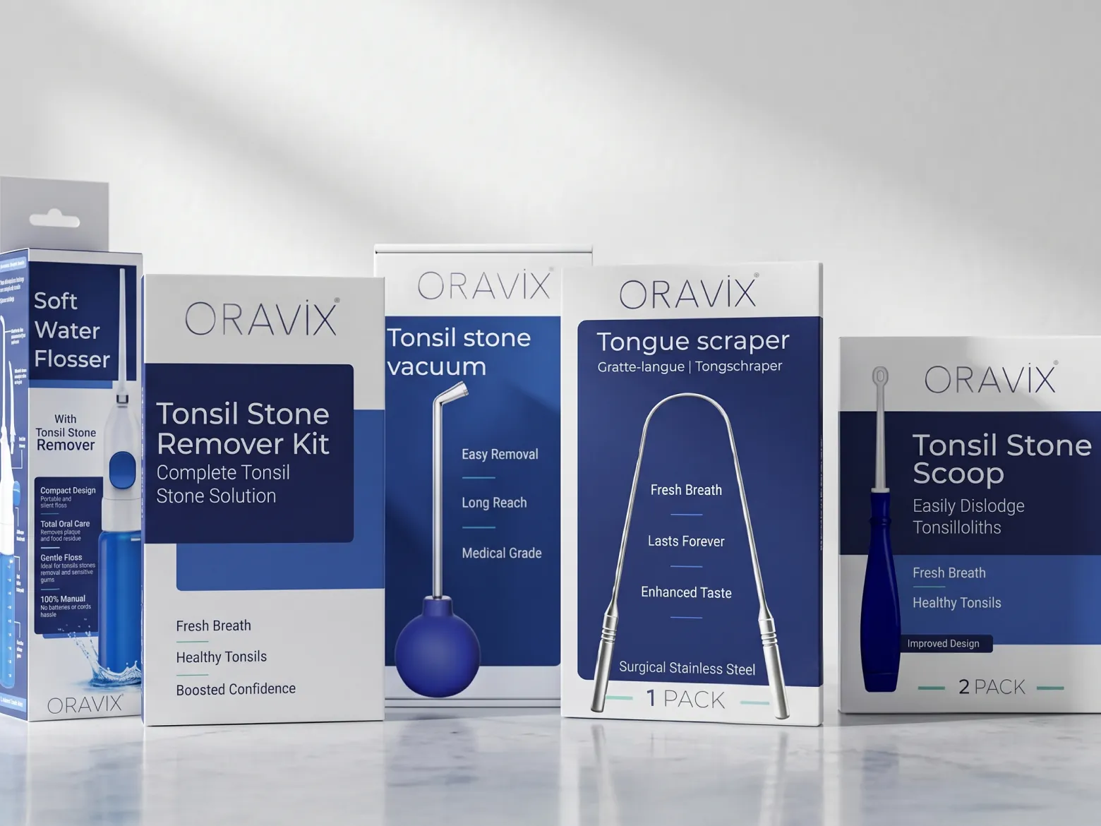 Oravix oral care range: water flosser, tonsil stone kit and tongue scraper